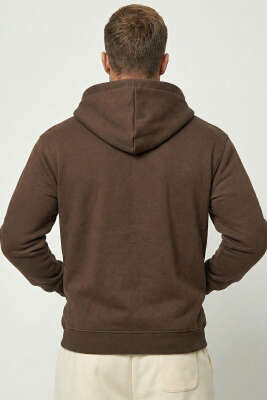 Üç İplik Kapüşonlu Fermuarlı Erkek Hırka Kahve - Erkek Hırka