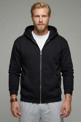 Üç İplik Kapüşonlu Fermuarlı Erkek Hırka Siyah - FRESHMAN