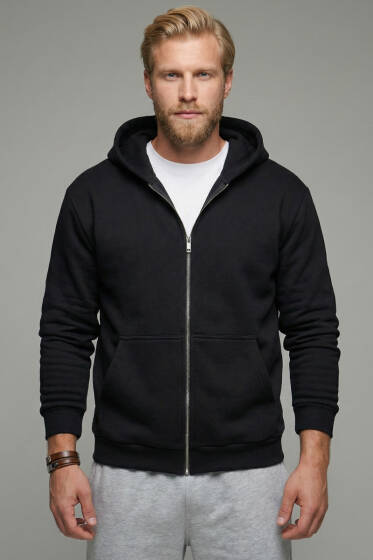 Üç İplik Kapüşonlu Fermuarlı Erkek Hırka Siyah - Erkek Hırka