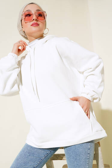 Üç İplik Kapüşonlu Oversize Tunik Beyaz - Tunik