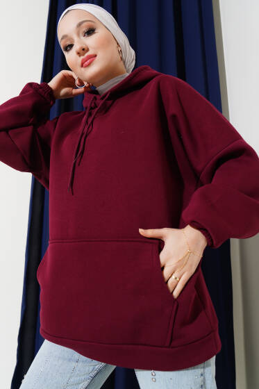 Üç İplik Kapüşonlu Oversize Tunik Bordo - Tunik