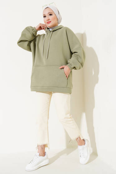 	 Üç İplik Kapüşonlu Oversize Tunik Çağla Yeşili - Tunik