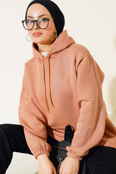 Üç İplik Kapüşonlu Oversize Tunik Camel - Tunik