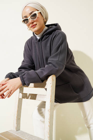 Üç İplik Kapüşonlu Oversize Tunik Füme - Tunik