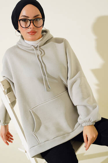 Üç İplik Kapüşonlu Oversize Tunik Gri - Tunik