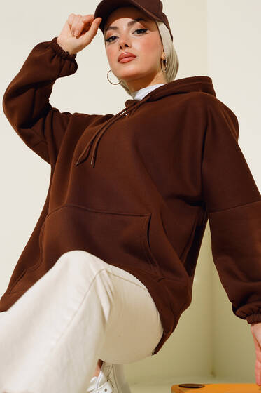 Üç İplik Kapüşonlu Oversize Tunik Kahve - Tunik