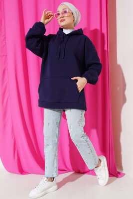 Üç İplik Kapüşonlu Oversize Tunik Lacivert - 100-300 TL Ürünler