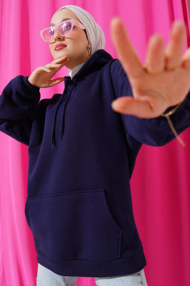 Üç İplik Kapüşonlu Oversize Tunik Lacivert - Tunik
