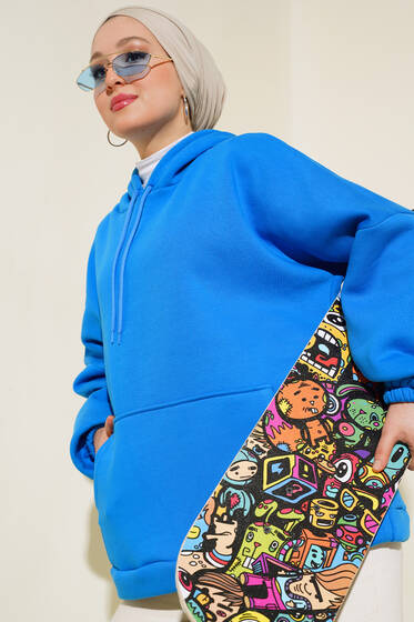 Üç İplik Kapüşonlu Oversize Tunik Mavi - Tunik