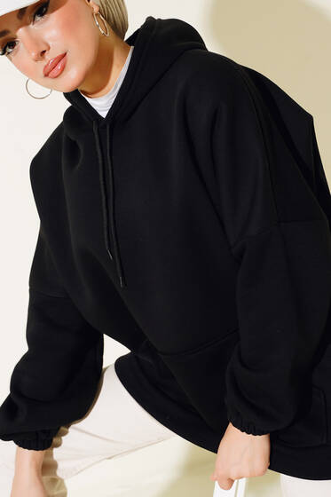 Üç İplik Kapüşonlu Oversize Tunik Siyah - Tunik
