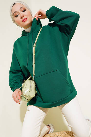 Üç İplik Kapüşonlu Oversize Tunik Yeşil - Tunik