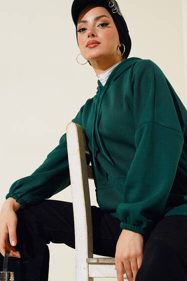 Üç İplik Kapüşonlu Oversize Tunik Zümrüt Yeşili - Tunik