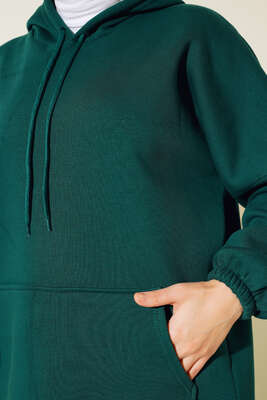 Üç İplik Kapüşonlu Oversize Tunik Zümrüt Yeşili - Thumbnail