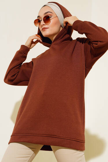Üç İplik Kapüşonlu Tunik Kahve - Tunik