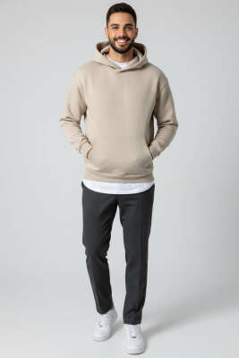 Üç İplik Kapüşonlu Unisex Sweatshirt Bej - Yeni Erkek Giyim