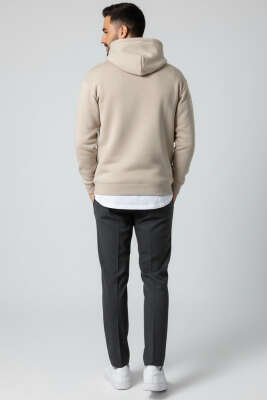 Üç İplik Kapüşonlu Unisex Sweatshirt Bej - Yeni Erkek Giyim