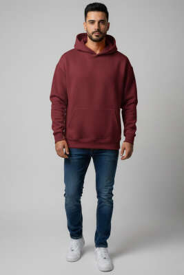 Üç İplik Kapüşonlu Unisex Sweatshirt Bordo - Yeni Erkek Giyim