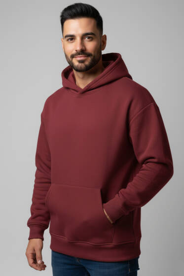 Üç İplik Kapüşonlu Unisex Sweatshirt Bordo - Yeni Erkek Giyim
