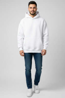 Üç İplik Kapüşonlu Unisex Sweatshirt Ekru - Yeni Erkek Giyim