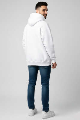 Üç İplik Kapüşonlu Unisex Sweatshirt Ekru - Yeni Erkek Giyim