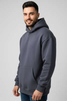 Üç İplik Kapüşonlu Unisex Sweatshirt Füme - GÜRZA TEKSTİL