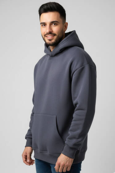 Üç İplik Kapüşonlu Unisex Sweatshirt Füme - Yeni Erkek Giyim