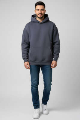 Üç İplik Kapüşonlu Unisex Sweatshirt Füme - Yeni Erkek Giyim