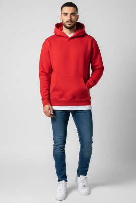 Üç İplik Kapüşonlu Unisex Sweatshirt Kırmızı - Yeni Erkek Giyim