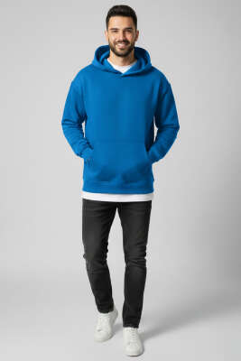 Üç İplik Kapüşonlu Unisex Sweatshirt Mavi - Yeni Erkek Giyim