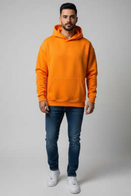 Üç İplik Kapüşonlu Unisex Sweatshirt Oranj - Yeni Erkek Giyim