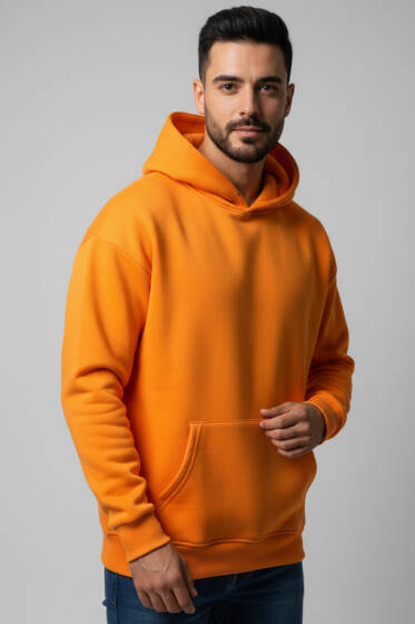 Üç İplik Kapüşonlu Unisex Sweatshirt Oranj - Yeni Erkek Giyim