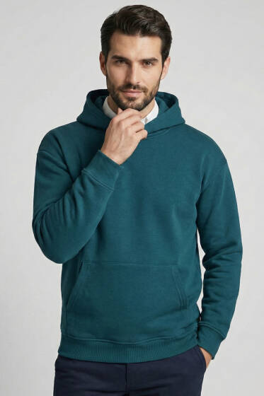 Üç İplik Kapüşonlu Unisex Sweatshirt Petrol - Yeni Erkek Giyim