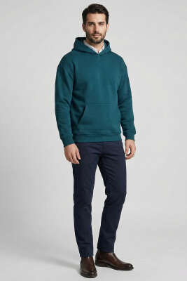 Üç İplik Kapüşonlu Unisex Sweatshirt Petrol - Yeni Erkek Giyim