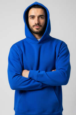 Üç İplik Kapüşonlu Unisex Sweatshirt Saks - GÜRZA TEKSTİL