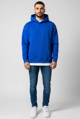 Üç İplik Kapüşonlu Unisex Sweatshirt Saks - Yeni Erkek Giyim