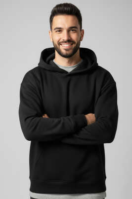 Üç İplik Kapüşonlu Unisex Sweatshirt Siyah - GÜRZA TEKSTİL