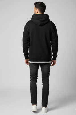 Üç İplik Kapüşonlu Unisex Sweatshirt Siyah - Yeni Erkek Giyim