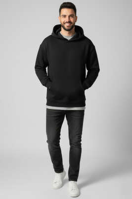 Üç İplik Kapüşonlu Unisex Sweatshirt Siyah - Yeni Erkek Giyim