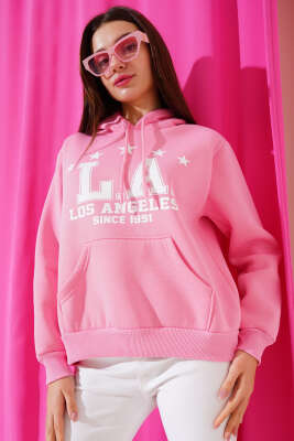 Üç İplik L.A Baskılı Sweatshirt Pembe 