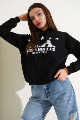 Üç İplik L.A Baskılı Sweatshirt Siyah 
