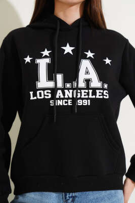 Üç İplik L.A Baskılı Sweatshirt Siyah - Yeni Giyim