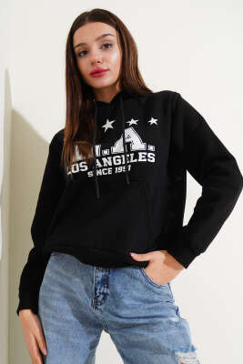 Üç İplik L.A Baskılı Sweatshirt Siyah - Yeni Giyim