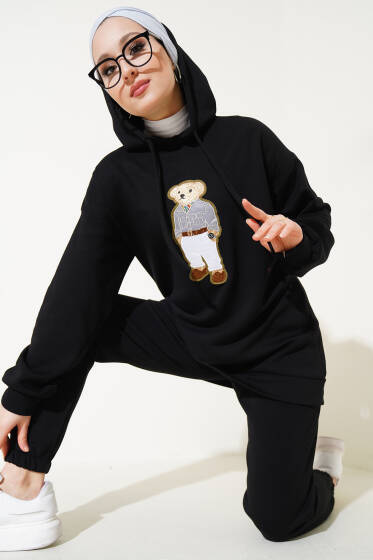 Üç İplik Loyşa Ayıcıklı İkili Takım Siyah - İkili Takım