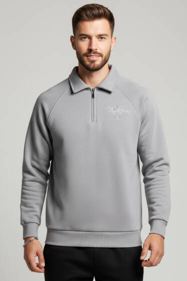 Üç İplik Nakışlı Erkek Sweatshirt Gri - Erkek Sweatshirt