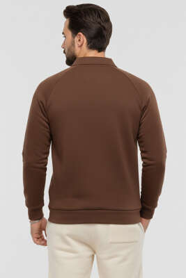 Üç İplik Nakışlı Erkek Sweatshirt Kahve - Erkek Sweatshirt