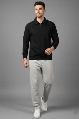 Üç İplik Nakışlı Erkek Sweatshirt Siyah - Erkek Sweatshirt