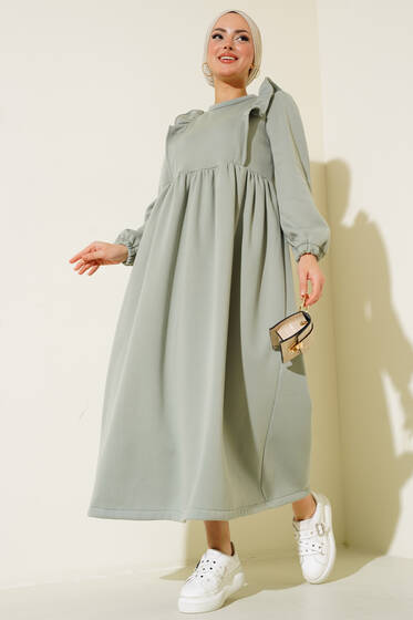 Üç İplik Omuzları Gipürlü Elbise Çağla Yeşili - Tesettür Elbise
