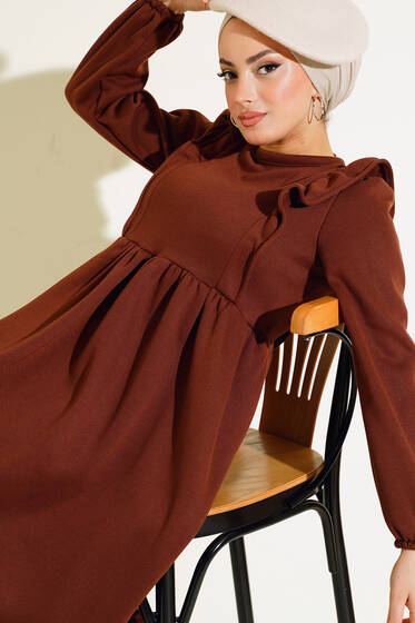 Üç İplik Omuzları Güpürlü Elbise Kahve - Tesettür Elbise