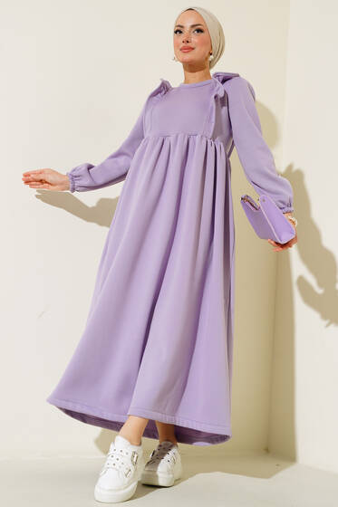 Üç İplik Omuzları Güpürlü Elbise Lila - Tesettür Elbise