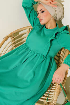 Üç İplik Omuzları Güpürlü Elbise Yeşil - Thumbnail
